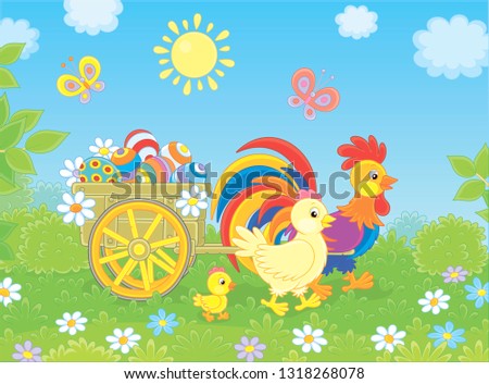 Small wooden cart with painted Easter eggs pulled by a colorful rooster with a hen and their little chick, vector illustration in a cartoon style