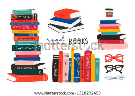 World book day. Stack of books, glasses, vertical books and coffee isolated on a white background. Set of hand drawn educational vector illustrations. Every illustration is isolated