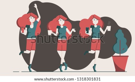 Happy young redhead woman resting at home with cup of coffee and smartphone with blank screen in flat style