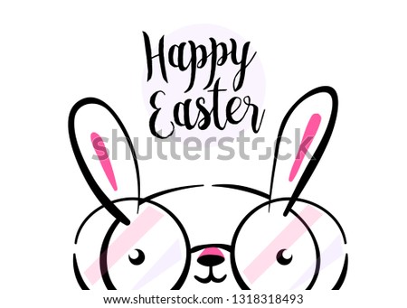 Happy easter greeting card background with cute bunny wear glasses with copy space. Vector illustration in hand drawing sketch outline hipster style.