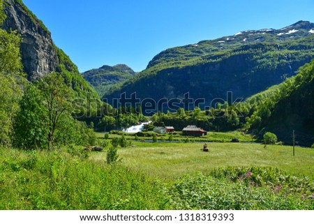 countryside farm with waterfall at flam Norway