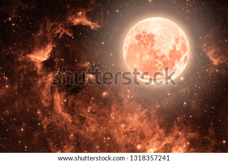 Colored background night sky with stars and moon. Pastel coral color. Elements of this image furnished by NASA