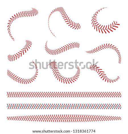 Baseball laces set. Baseball stitches with red threads. Sports graphic elements and seamless brushes. Red laces and stitches on white background