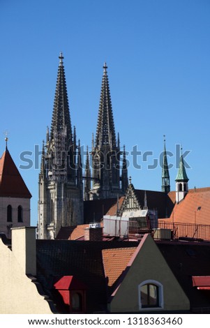 In Regensburg, old churches and St. Peter's Cathedral photograph in the sunshine in the spring                               