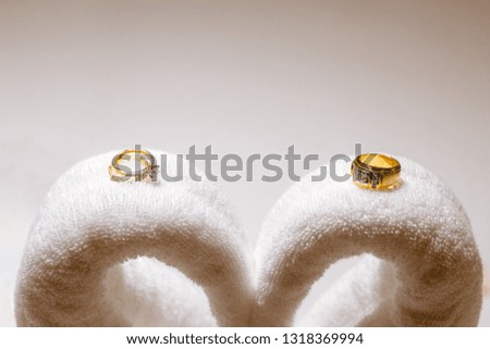 The diamond couple wedding rings is placed on fabric.