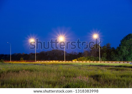 Lights of lanterns near highway. Night scene. Grass in a field at front plan. Trees in woodland belt at background. Bump stop and light traces from running cars in center of photography.