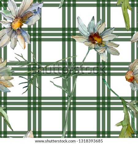 Daisy floral botanical flower. Wild spring leaf wildflower isolated. Watercolor illustration set. Watercolour drawing fashion aquarelle. Seamless background pattern. Fabric wallpaper print texture.