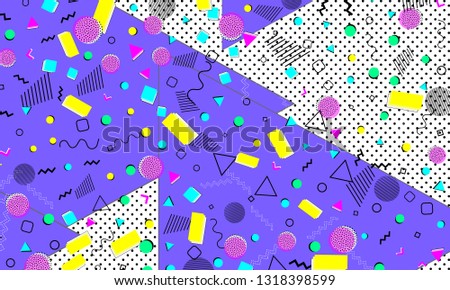 Pop art color background. Memphis pattern of geometric shapes for tissue and postcards. Vector Illustration. Hipster style 80s-90s. Abstract colorful funky background.