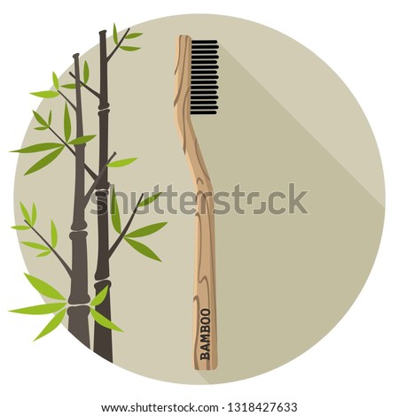 Bamboo toothbrush vector icon. Wooden toothbrush on the background of bamboo shoots. Illustration Eco natural wooden toothbrush in flat minimalism style.