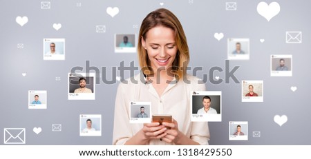 Close up photo interested curious she her lady smartphone online sit repost like pick choose choice illustration pictures guys dating site futuristic creative design isolated grey background