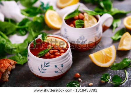 Moroccan tomato  veggy soup..style rustic.selective focus
