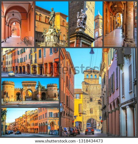 Collage of photos of the sights of Bologna, Italy