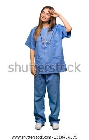 Full body Young nurse saluting with hand on isolated background
