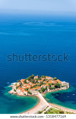 Vertical view of the stunning island of Sveti Stefan in Montenegro