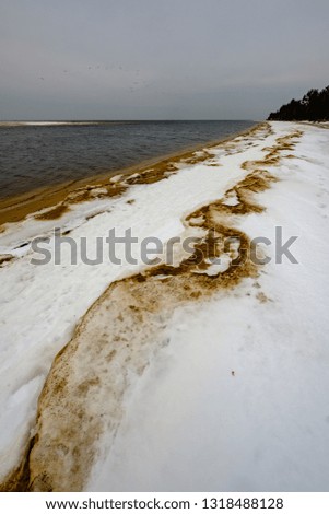 frozen ice blocks on sea beach in winter with sand and snow in overcast day