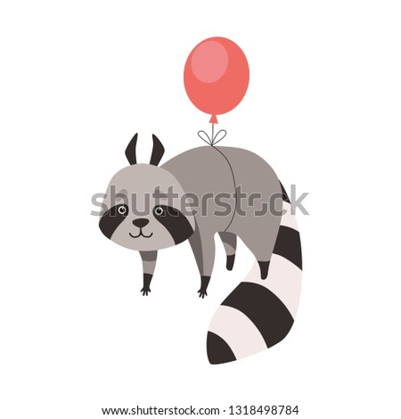 Cute Raccoon Flying with Balloon, Funny Humanized Grey Coon Animal Character Vector Illustration