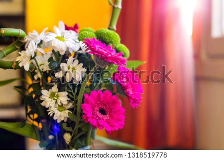 pink flowers and daisies in a vase