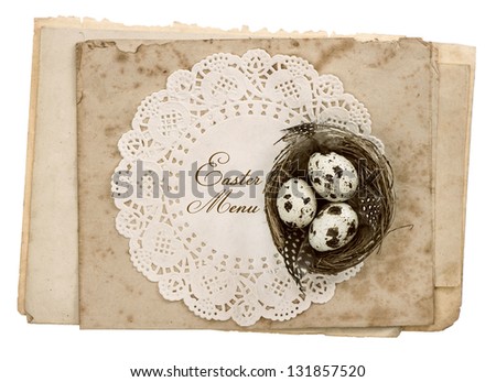 old paper sheets with easter eggs decoration isolated on white background
