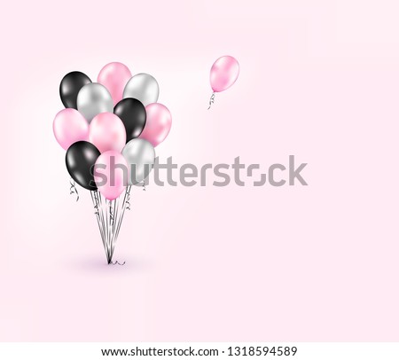 Romantic template with realistic glossy black, silver, pink balloons. Beautiful poster for Womens day, Valentine's day, sale, offers design, party, summer background, clip art, event, wedding. Vector.