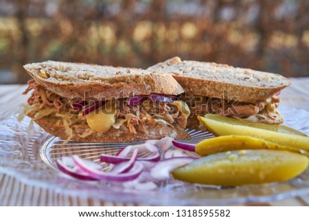 Close up picture of whole grain sandwich with pulled pork and sour cabbage and pickled cucumbers served like light meal, fast food, street food outside in the garden bistro.                           