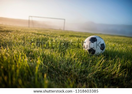 Soccer ball and goalpost in early morning light.