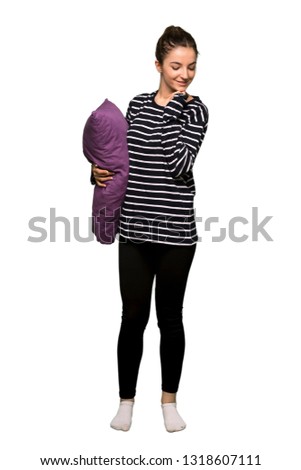Full body Pretty woman in pajamas looking down with the hand on the chin on isolated background