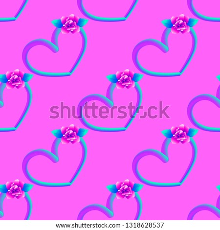 Vector seamless pattern with slant neon purple and green volume ribbed outline Heart with Flower on the pink background.