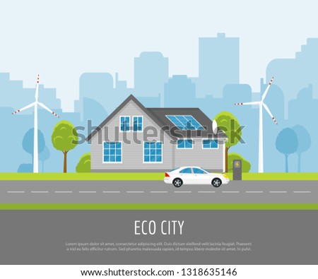 Eco city with solar panels, wind turbines and electric car charging at the charger station on the street. Modern city with environmentally friendly electricity suppliers.