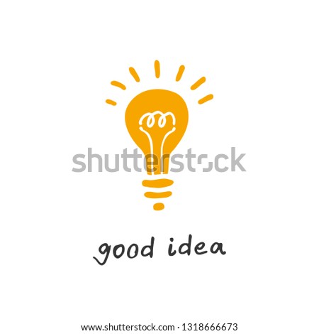 Painted glowing light bulb. Good idea. Vector free hand drawn logo. Can be used for different designs, for example a print on a t-shirt.