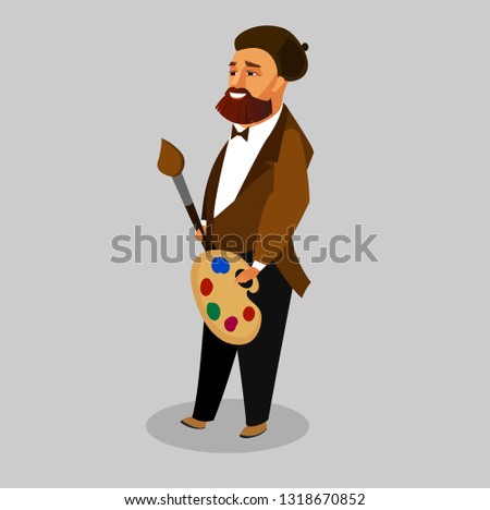 Painter with Art Supplies Vector Illustration. Artist with Palette, Paint Brush Flat Drawing. Creative Man with Beard in Beret Cartoon Character. Fashionable, Stylish Guy. Job, Occupation Clipart