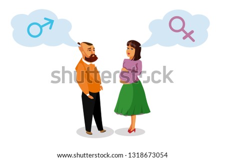 Pregnant Woman with Husband Vector Design Element. Motherhood, Fatherhood Flat Drawing. Guessing Future Child Gender. Cartoon Characters. Female, Male Symbols. Parenting Poster Concept