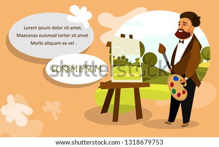 Artist Painting Landscape Vector Banner Layout. Painter with Palette, Paintbrush near Easel Flat Illustration. Stylish Man with Beard in Beret Cartoon Character. Art School Flyer with Text Space