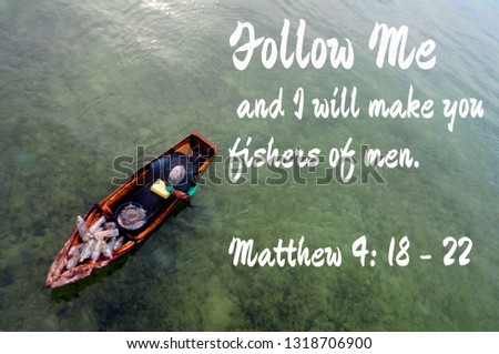Follow me Gospel design for Christianity with fishermen background.