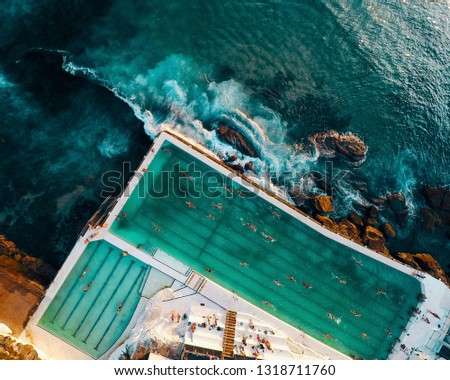 Aerial photo of the famous Bondi Icebergs ocean pool, located in Sydney, Australia. Royalty-Free Stock Photo #1318711760