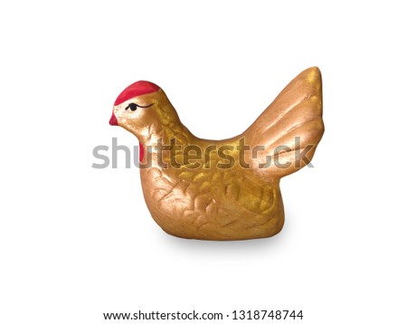 beautiful isolated model of golden chicken, side view of small golden hen  on white background, 3d hen toy in gold color on white background, isolated of cute gold cock 