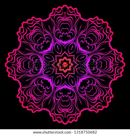 Design With Beautiful Floral Mandala Ornament. Vector Illustration. For Coloring Book, Tattoo. Anti-Stress Therapy Pattern. Indian, Moroccan, Mystic, Ottoman Motifs. Black, purple color.