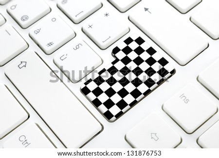 Gran Prix motor race finish chess flag concept, enter button or key on white keyboard