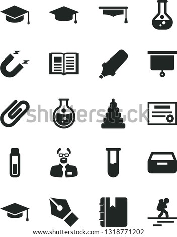 Solid Black Vector Icon Set - stacking toy vector, book, notebook, drawer, square academic hat, clip, round flask, magnet, text highlighter, test tube, scientist, graduate, presentation board