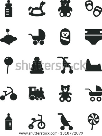Solid Black Vector Icon Set - feeding bottle vector, measuring for, diaper, baby stroller, carriage, summer, sitting, stacking rings, roly poly doll, potty chair, teddy bear, small, children's train