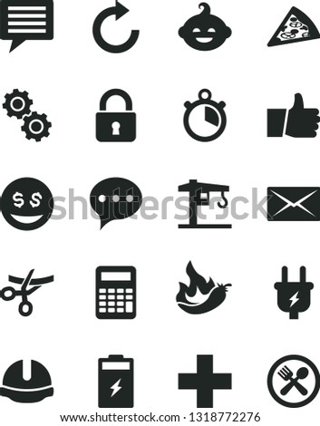 Solid Black Vector Icon Set - image of thought vector, plus, clockwise, funny hairdo, crane, construction helmet, lock, speech, thumb up, piece pizza, hot pepper, charging battery, plug, mail, gears
