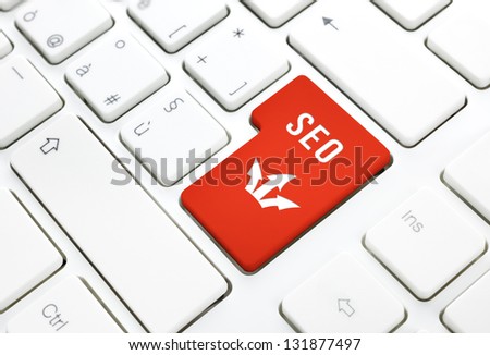Seo business concept, red enter button or key on white keyboard photography.