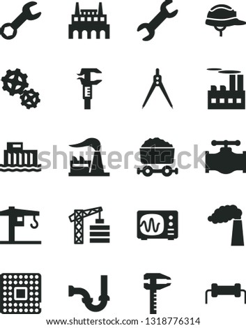 Solid Black Vector Icon Set - crane vector, tower, sewerage, helmet, valve, manufacture, factory, hydroelectric station, industrial building, gears, processor, calipers, caliper, trolley with coal