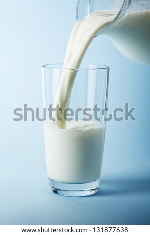 Pouring milk in a glass isolated against blue background