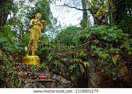 Golden Buddha statue in the forest at Khao Mingkhol Pipit, Narathiwat, Thailand