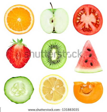 Collection of fresh fruit and vegetable slices on white background. Orange, kiwi, lemon, apple, strawberries, watermelon, cucumber, tomato and pumpkin Royalty-Free Stock Photo #131883035