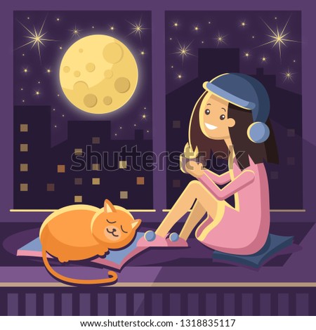 Vector character of a girl sitting on a window with a red cat and drinking coffee looking at the night city. Girl in flat style