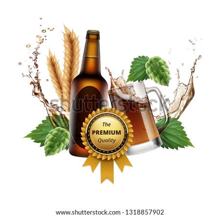 Vector realistic illustration of wheat beer ads with reward. Brown bottle and glass mug with ingredients: hops, spikelet behind them and beer splash isolated on white background