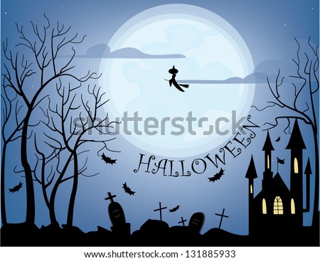 Halloween Witch Flying Across a Full Moon over a Graveyard and Mansion