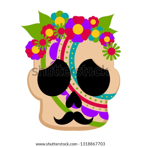 Mexican colored floral skull with moustache. Vector illustration design
