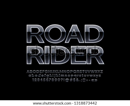 Vector cool logo Road Rider with Black and Silver Font. Glossy Metallic Alphabet Letters, Numbers and Symbols